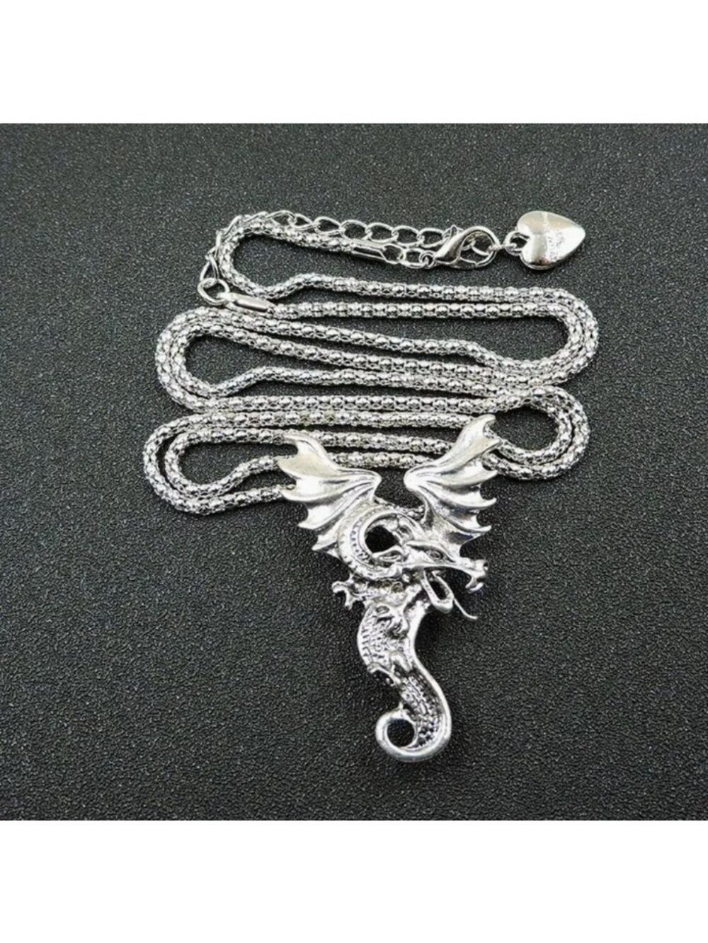 Necklace Silver Tone Dragon Pendant